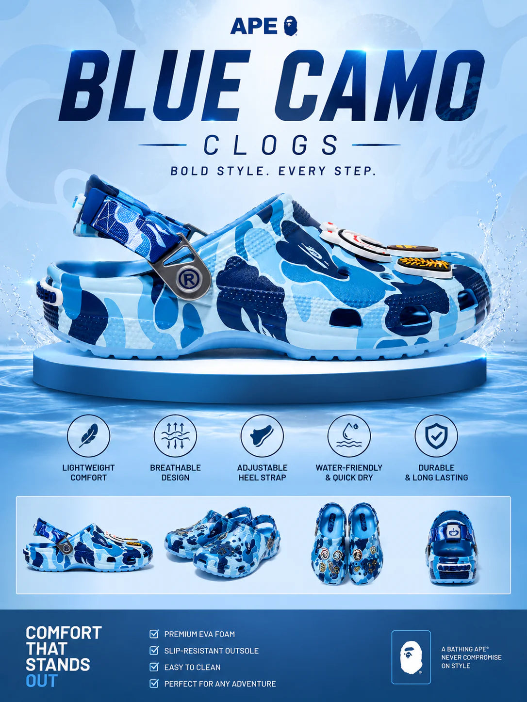 BAPE Bathing Ape x CROCS Blue Camo