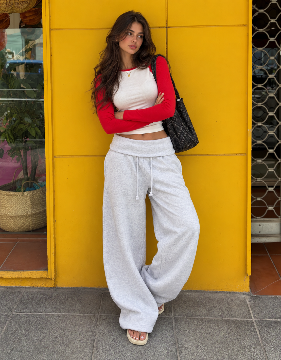 BARREL-LEG Gray JERSEY TROUSERS WITH FOLD-OVER WAIST
