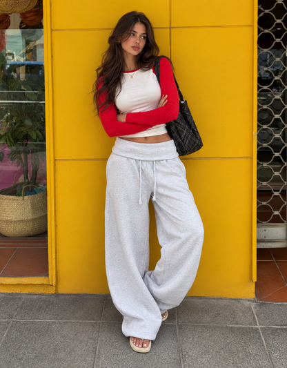 BARREL-LEG Gray JERSEY TROUSERS WITH FOLD-OVER WAIST