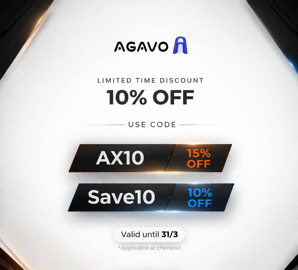 Promotional banner for Agavo with discount codes and a limited time offer.